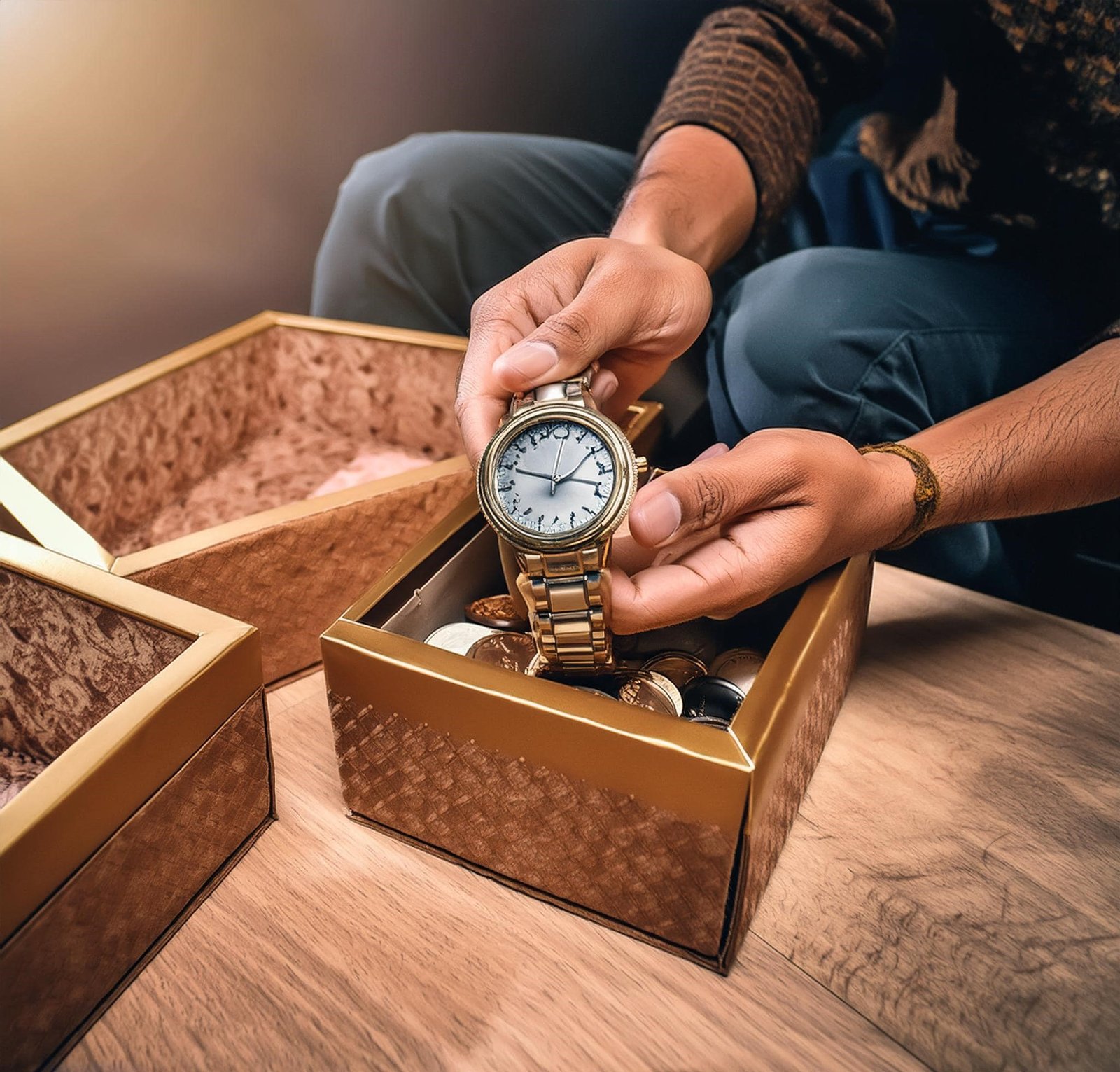 Persona almacenando su reloj en una caja